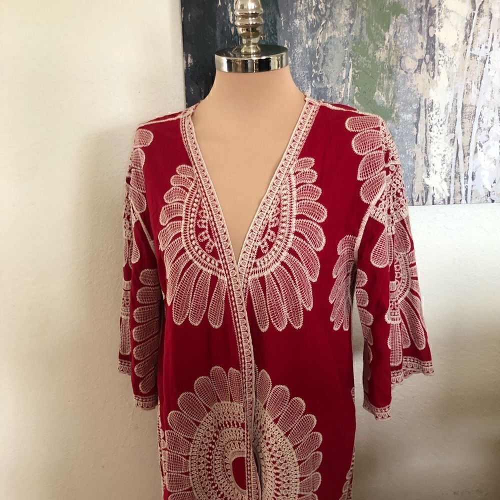 ANIS.A Embroidered Long Length Duster Red/Ivory